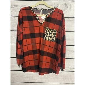 NWT Ladies Now N Forever Plaid Animal Print Cuff Sleeve Boutique Top - Small